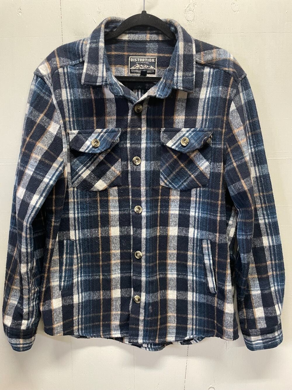 Distortion Men's Blue/White Plaid Fleece Shirt Jacket XL Thick Flannel Shacket